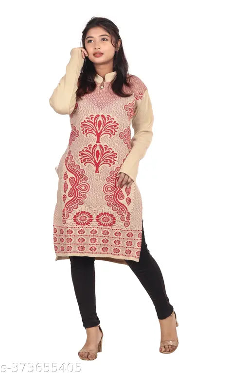 Woolen printed kurti for women, long sleeves, Indian origin - perfect for special occasions paired with heels or skirts