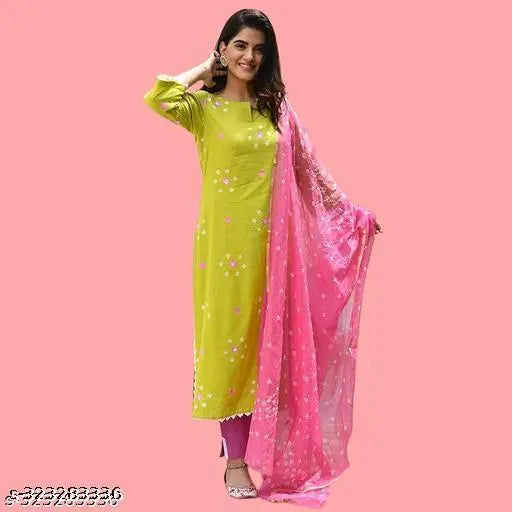 Myra superior women's cotton kurta set with dupatta and bottomwear, printed three-quarter sleeves Indian ethnic wear on display