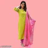Myra superior women's cotton kurta set with dupatta and bottomwear, printed three-quarter sleeves Indian ethnic wear on display