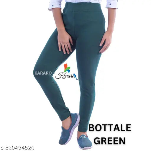 Women's stylish cotton blend jeggings pack of 4 - Solid color, lightweight, comfortable, and trendy women's jeggings set. Available in various sizes (26-34, Free Size). Made from hosiery cotton waste recycled fabric, blended with polyester, originating from India
