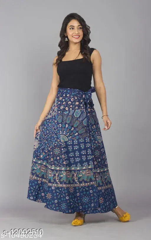 Blue Jaipuri print cotton wrap skirt for women & girls, vibrant Indian folklore pattern, versatile free size with waist 38in, length 40in, hip 44in