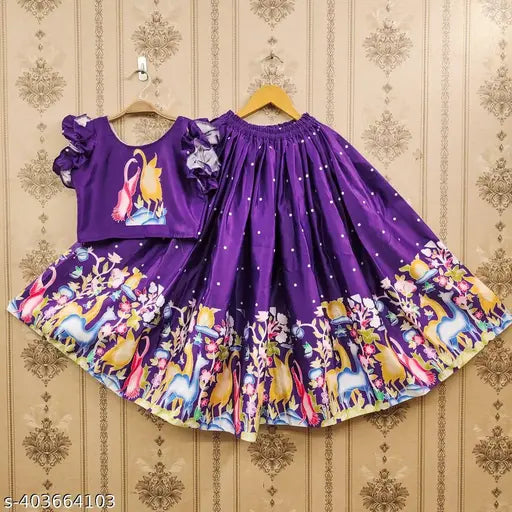 Satin print lehenga choli crop top for kids aged 1-12 years, quirky pattern and short sleeves, readymade Indian fashion