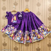 Satin print lehenga choli crop top for kids aged 1-12 years, quirky pattern and short sleeves, readymade Indian fashion