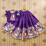Satin print lehenga choli crop top for kids aged 1-12 years, quirky pattern and short sleeves, readymade Indian fashion