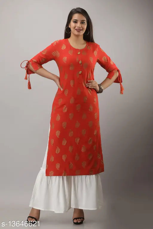 Rayon printed kurti sharara set with three-quarter sleeves, vibrant Indian fashion for women in various sizes
