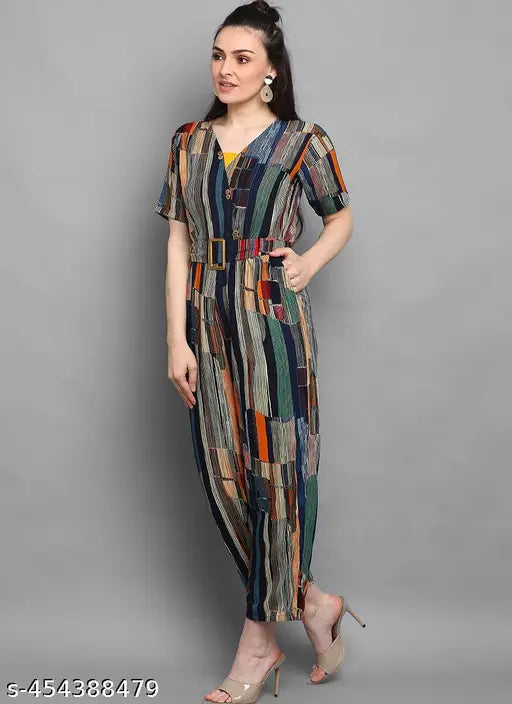 Multicolor striped rayon foil round neck jumpsuit with three-quarter sleeves and belt buckle, ideal for casual or special occasions. Women's fashionable jumpsuit featuring two side pockets and flat pleat waist design, perfect for summer. Made in India