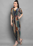 Multicolor striped rayon foil round neck jumpsuit with three-quarter sleeves and belt buckle, ideal for casual or special occasions. Women's fashionable jumpsuit featuring two side pockets and flat pleat waist design, perfect for summer. Made in India