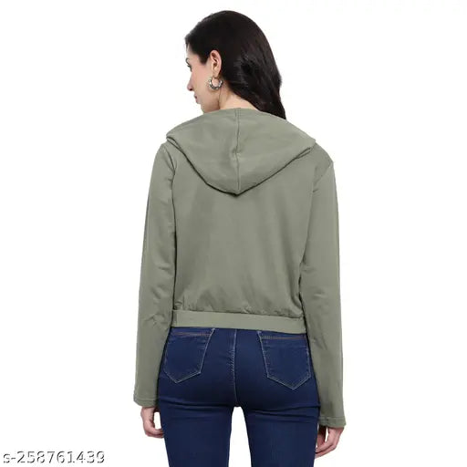 FineTtouch Women's Solid Cotton Crop Hoodie T-shirt, long sleeves, size S-XL, India origin