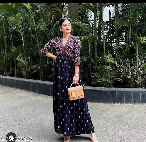 Rayon printed anarkali kurti, three-quarter sleeves, trendy ethnic wear gown, India origin