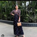 Rayon printed anarkali kurti, three-quarter sleeves, trendy ethnic wear gown, India origin