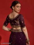 Purple sequins georgette saree, embellished blouse with zari and dori work, party wear on mannequin