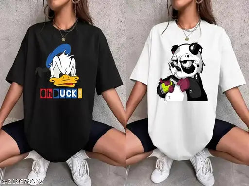 Large cotton blend women's over-sized t-shirt combo with printed net design. Two sizes available: S, M, L, XL, XXL. Made in India