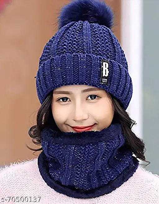 Navy Blue Fleece-Lined SYGA Winter Beanie with Pom Pom, warm & stretchy for women's outdoor sports
