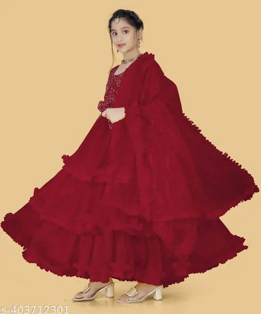 Embellished net party gown, trendy kids outfit for special occasions. Short sleeves, size 5-16 years, made in India