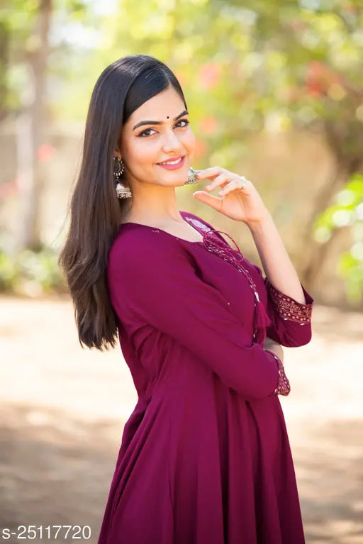 Rayon embroidered vine flared kurta in three-quarter sleeves, perfect for women's festive and party wear, India origin