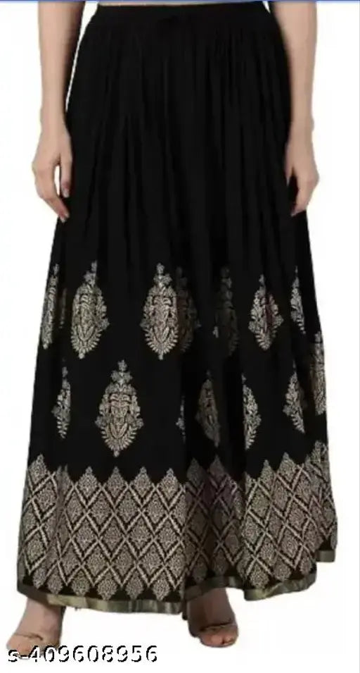 Black rayon printed net skirt, beautiful for women and girls, available in various sizes from S to XXXL