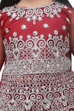 Maroon net lehenga choli for kids: embellished round neck party wear with full length sleeves
