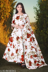 Beautiful crepe, three-quarter sleeve printed net gown for 8-15 years. Indian butterfly design with delicate dupatta. Perfect for events, turning heads with elegance