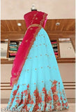 Embroidered dupion silk lehenga with choli and net dupatta, free size Indian traditional women's attire