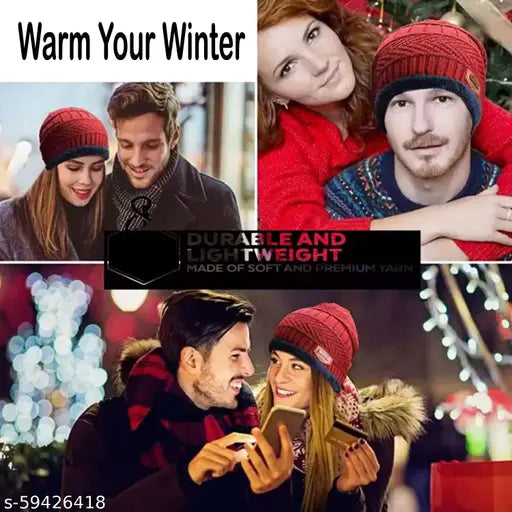 Maroon textured woolen beanie cap set with neck warmer-scarf (3pcs). Unisex winter wear for men, women, and children. Soft fur and wool design, snow proof, warm, and stylish