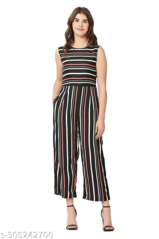 Stylish stripe jumpsuit, printed net poly crepe, sleeveless, women's fashion, size S-XL
