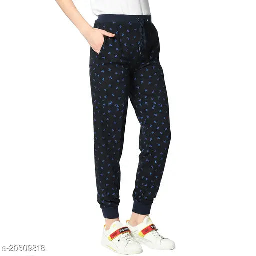 Blue cotton blend printed straight-fit trousers for women, stylish and comfortable, size 34/waist 34in/length 40in or size 36/waist 32in/length 39in, Indian origin