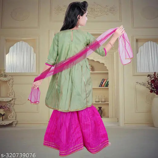 Dupion silk anarkali-style kurta sharara set with embellished sleeves for girls, comfortable and stylish Indian outfit