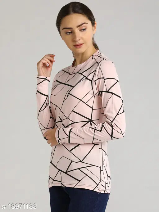 Peach cotton long sleeves LEWEL women's printed t-shirt, vibrant design from India