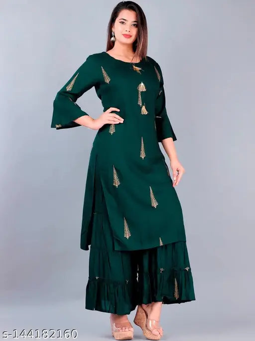 Dark green flared hem viscose rayon kurta set with sharara, three-quarter sleeves and gold print below knee length, size S (36 bust, 26 waist), M (38 bust, 28 waist), L (40 bust, 30 waist), XL (42 bust, 32 waist), XXL (44 bust, 34 waist)
