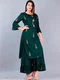 Dark green flared hem viscose rayon kurta set with sharara, three-quarter sleeves and gold print below knee length, size S (36 bust, 26 waist), M (38 bust, 28 waist), L (40 bust, 30 waist), XL (42 bust, 32 waist), XXL (44 bust, 34 waist)