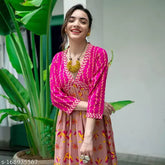 Rayon long printed Anarkali kurti, trendy and stylish, three-quarter sleeves, ideal for women's ethnic wear parties