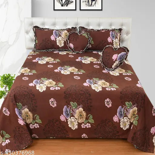 Multicolor floral king-size AK Handloom bedsheet set with decorative frill pillow & heart cushions (India)