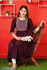 Rayon Anarkali Kurti, single-colored, three-quarter sleeves, Indian origin