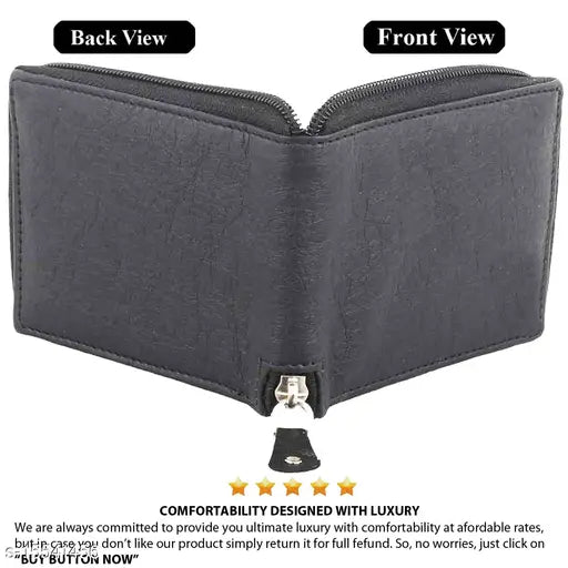 Trendy men's black leather wallet, solid pattern with two compartments. Close-up of free size wallet (11cm x 9cm), made in India