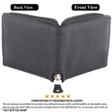 Trendy men's black leather wallet, solid pattern with two compartments. Close-up of free size wallet (11cm x 9cm), made in India