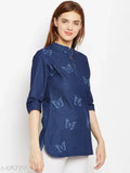 Navy blue laser printed denim tunic by Avyanna Stylis, three-quarter sleeves, size N available
