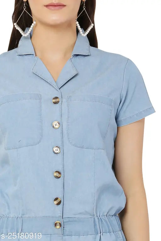 Blue solid denim half jumpsuit, stylish women's Avyanna design with three-quarter sleeves, India origin