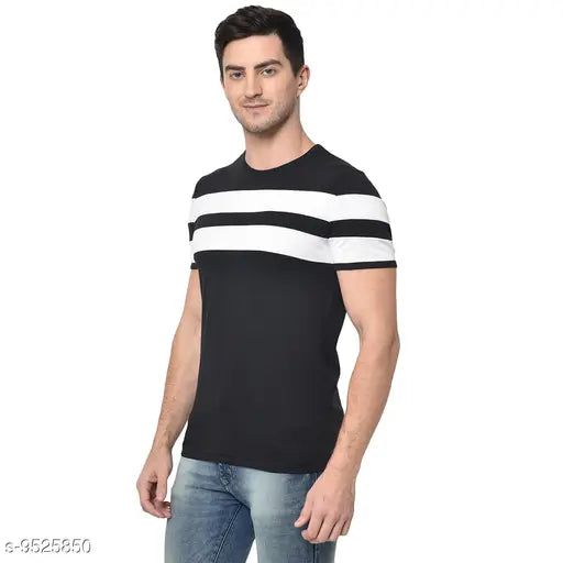 Black cotton men's round striped t-shirt, colorblocked design. Short sleeves, sizes S to XXL