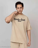 Beige oversized cotton anime print men's T-shirt, loose fit for casual wear