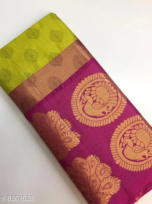 Lemon-colored soft silk saree with woven design, free size, originating from India