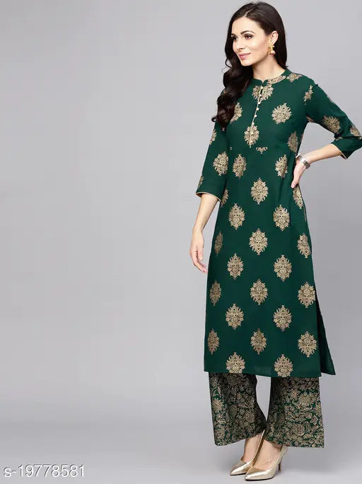 Green rayon print kurta set with palazzos, three-quarter sleeves - Indian traditional clothing