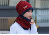 Maroon wool beanie cap with neck warmer set, thick fleece-lined for women's winter protection - snow proof inside fur