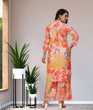 Cream peach rayon co-ord set090: Printed kurta with bottomwear, three-quarter sleeves, and mandarin collar. Multi-colored design, pocket in plazzo, suitable for every occasion. Pack of 2 sizes S-XXL. Indian origin
