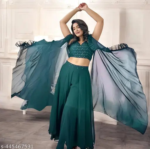 Georgette shrug top & palazzo set for women, intricately embellished, sleeveless & wide-legged, Indian fashion for special occasions