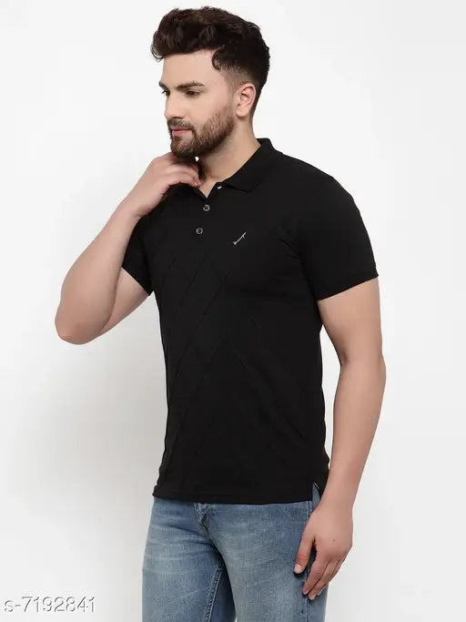 Unicops men's black polo neck cotton rich short sleeves embossed t-shirt, solid black casual wear for men