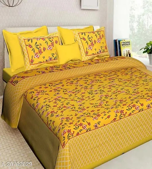 Jaipuri yellow floral bedsheet combo, Indian-made, features 5 items: 2 flower jaal printed sheets & 4 pillow covers