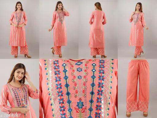 Pink cotton blend embroidered kurta set with pants, three-quarter sleeves, calf length. Embroidered net, single size (M & L), from India