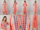 Pink cotton blend embroidered kurta set with pants, three-quarter sleeves, calf length. Embroidered net, single size (M & L), from India