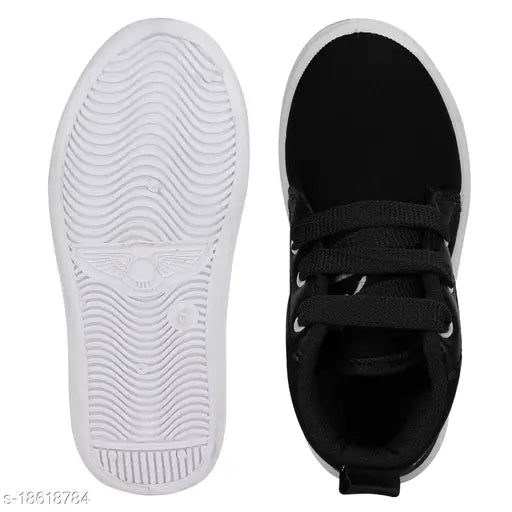 Black textile and PVC lace casual shoes for toddlers, age range 15-18 months to 4 years, origin India