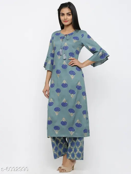 Women's printed rayon kurti, three-quarter sleeve, vibrant Indian print, M size (bust 38in, length 44in)